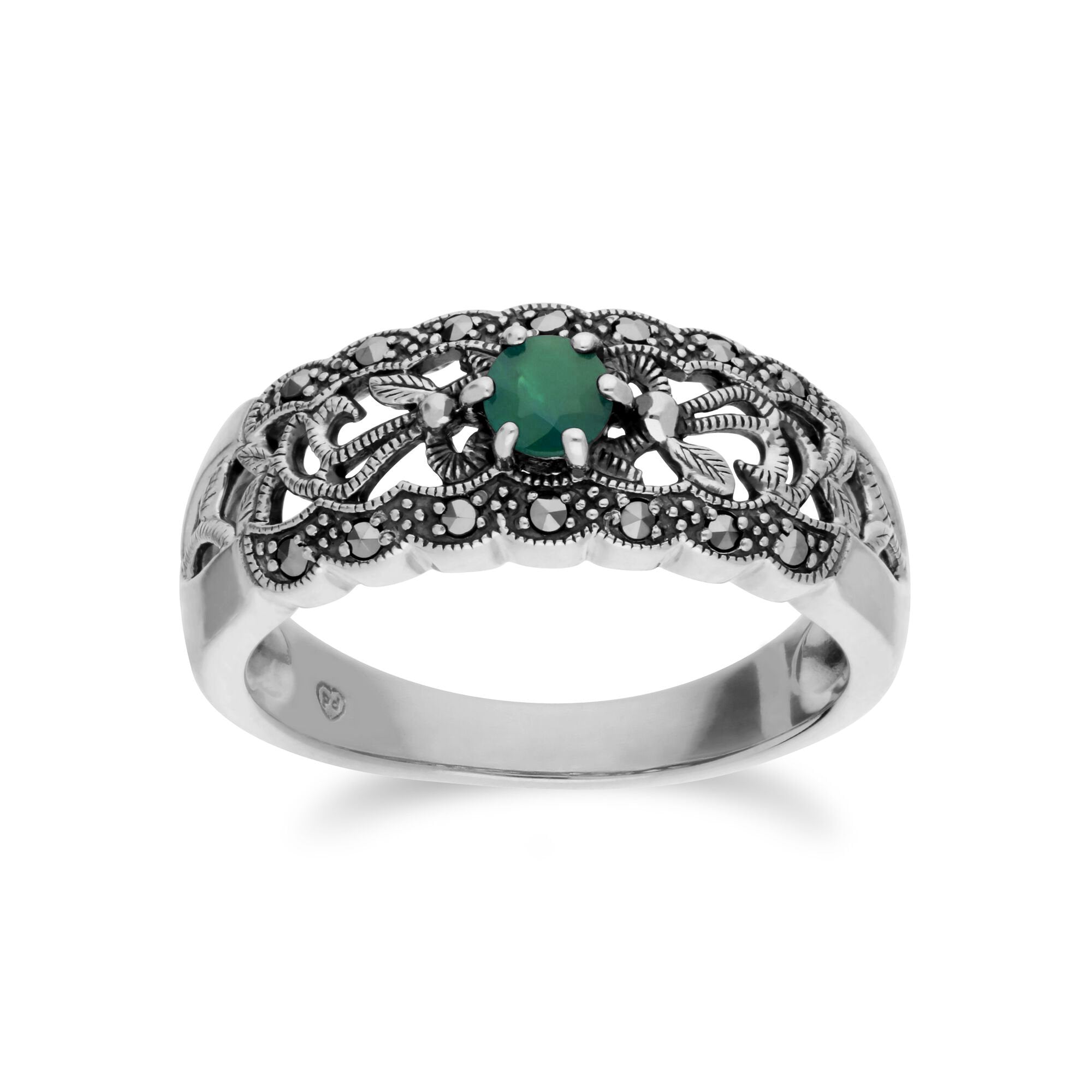 Art Nouveau Style Round Emerald & Marcasite Floral Band Ring in Sterling Silver