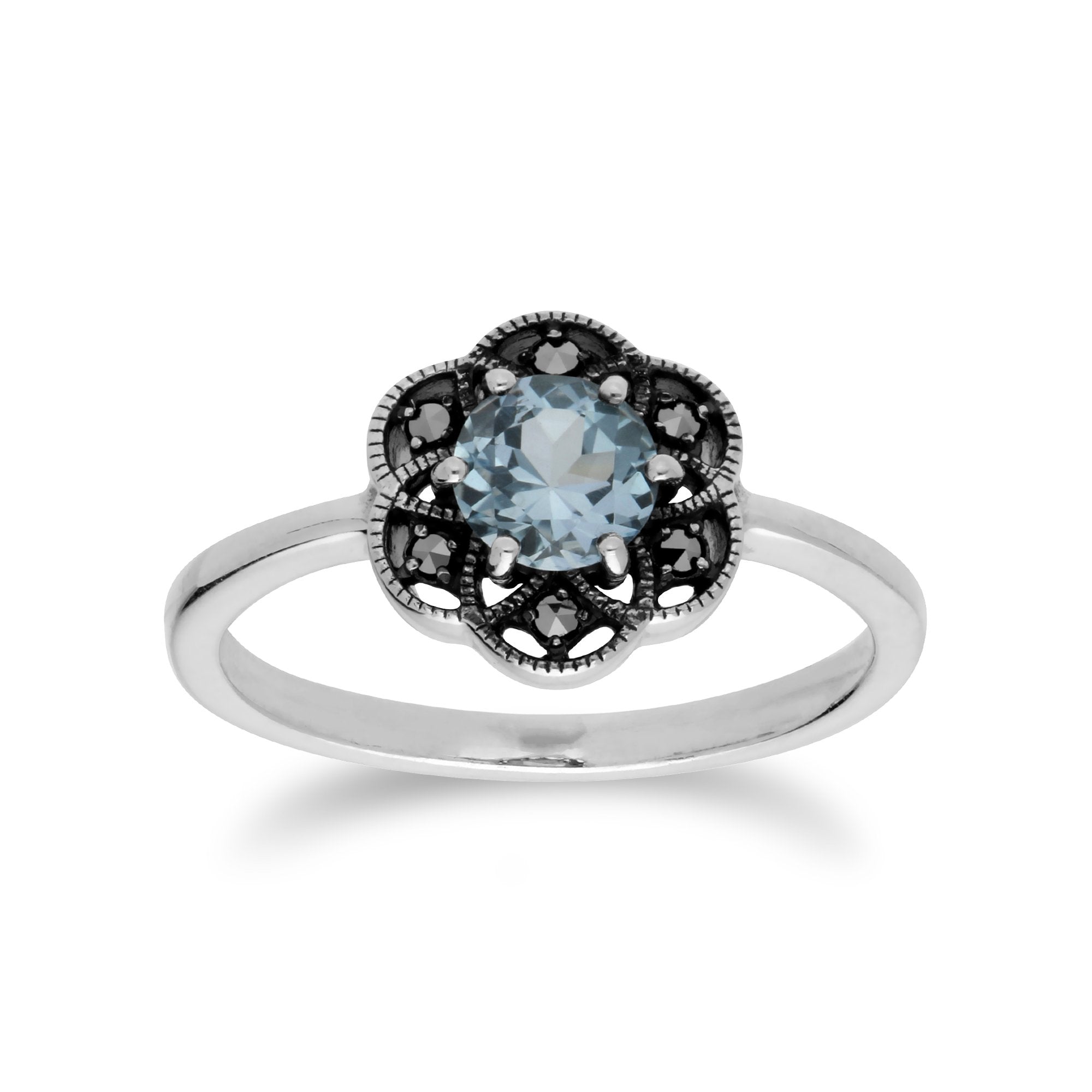 Floral Round Blue Topaz & Marcasite Daisy Ring in 925 Sterling Silver