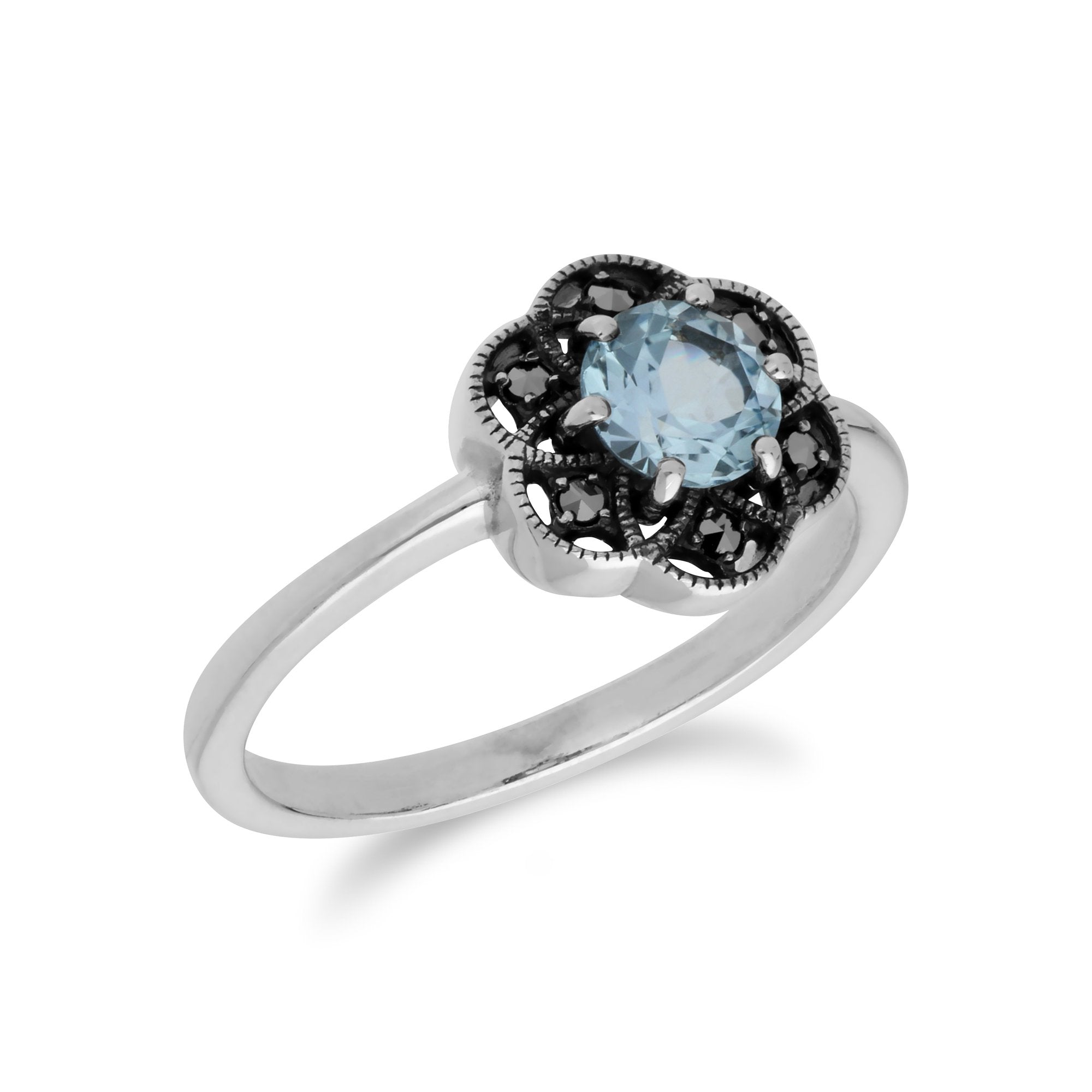 Floral Round Blue Topaz & Marcasite Daisy Ring in 925 Sterling Silver