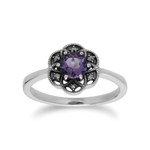 Floral Round Amethyst & Marcasite Silver  Daisy Ring