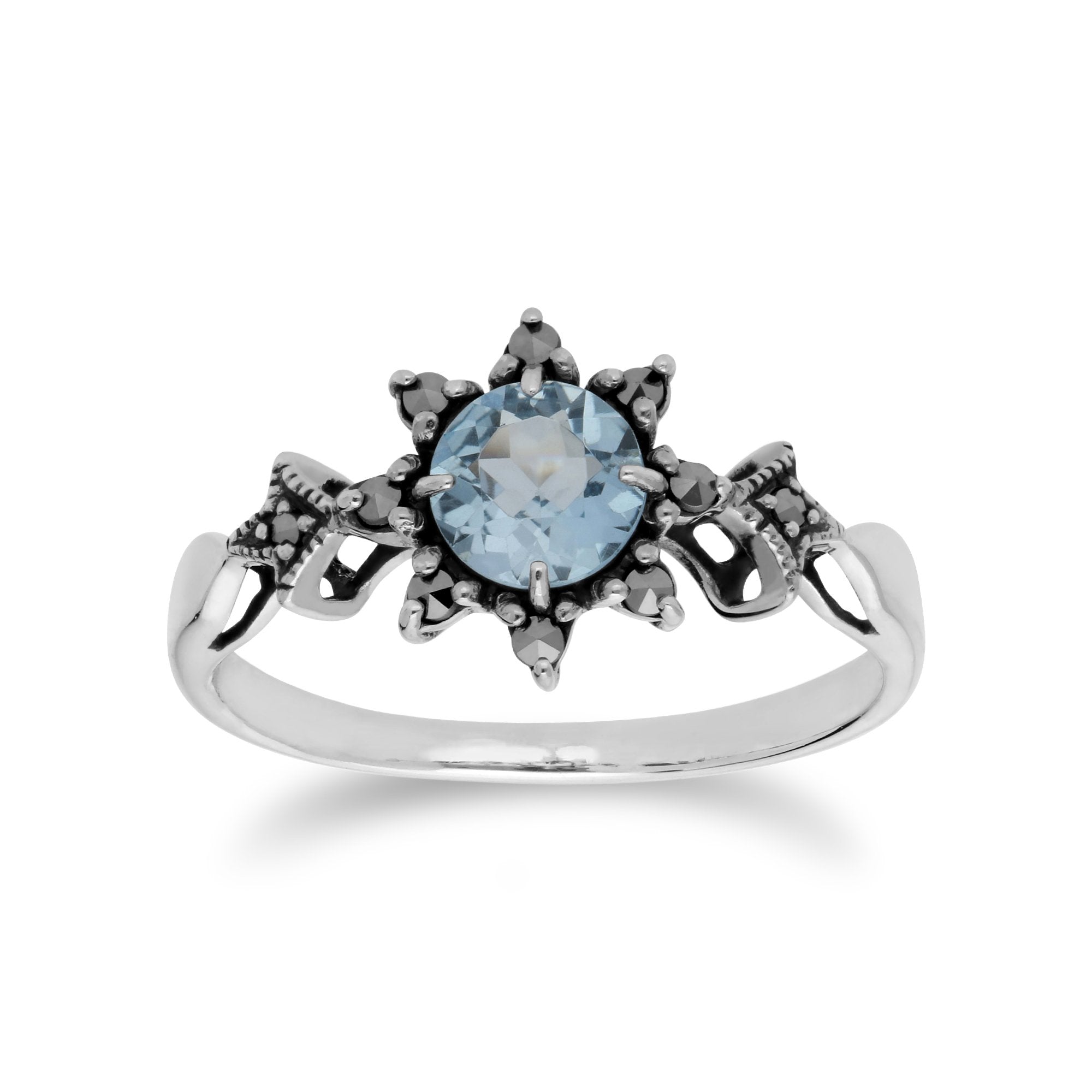 Art Deco Style Round Blue Topaz & Marcasite Floral Ring in 925 Sterling Silver