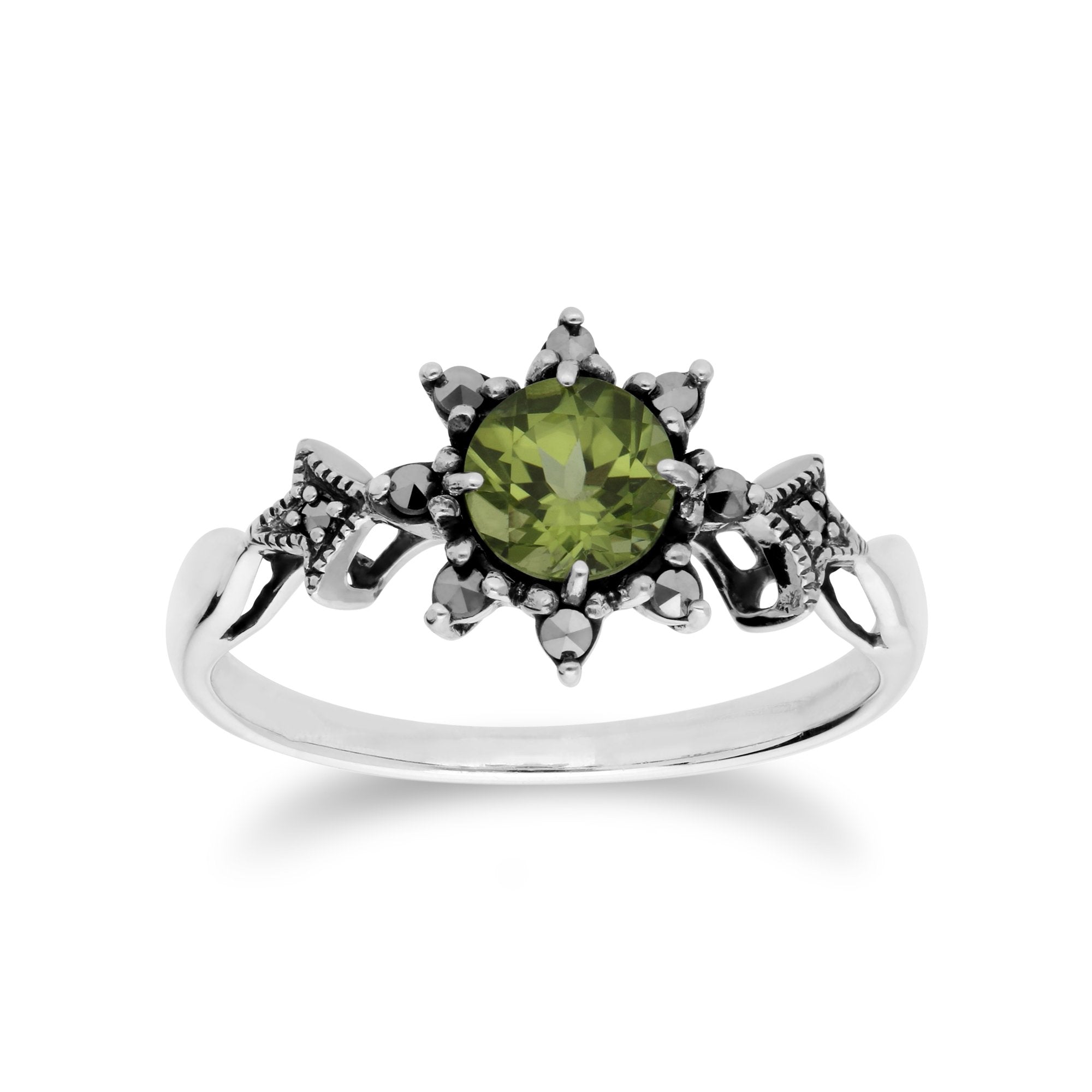 Art Deco Style Round Peridot & Marcasite Floral Ring in 925 Sterling Silver