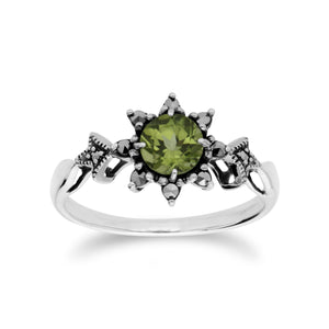 Art Deco Style Round Peridot & Marcasite Floral Ring in 925 Sterling Silver