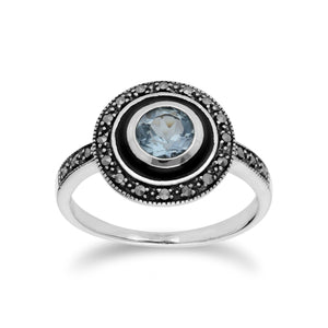 Art Deco Style Round Blue Topaz & Black Enamel Halo Ring in 925 Sterling Silver