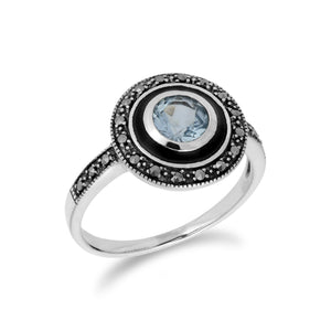 Art Deco Style Round Blue Topaz & Black Enamel Halo Ring in 925 Sterling Silver