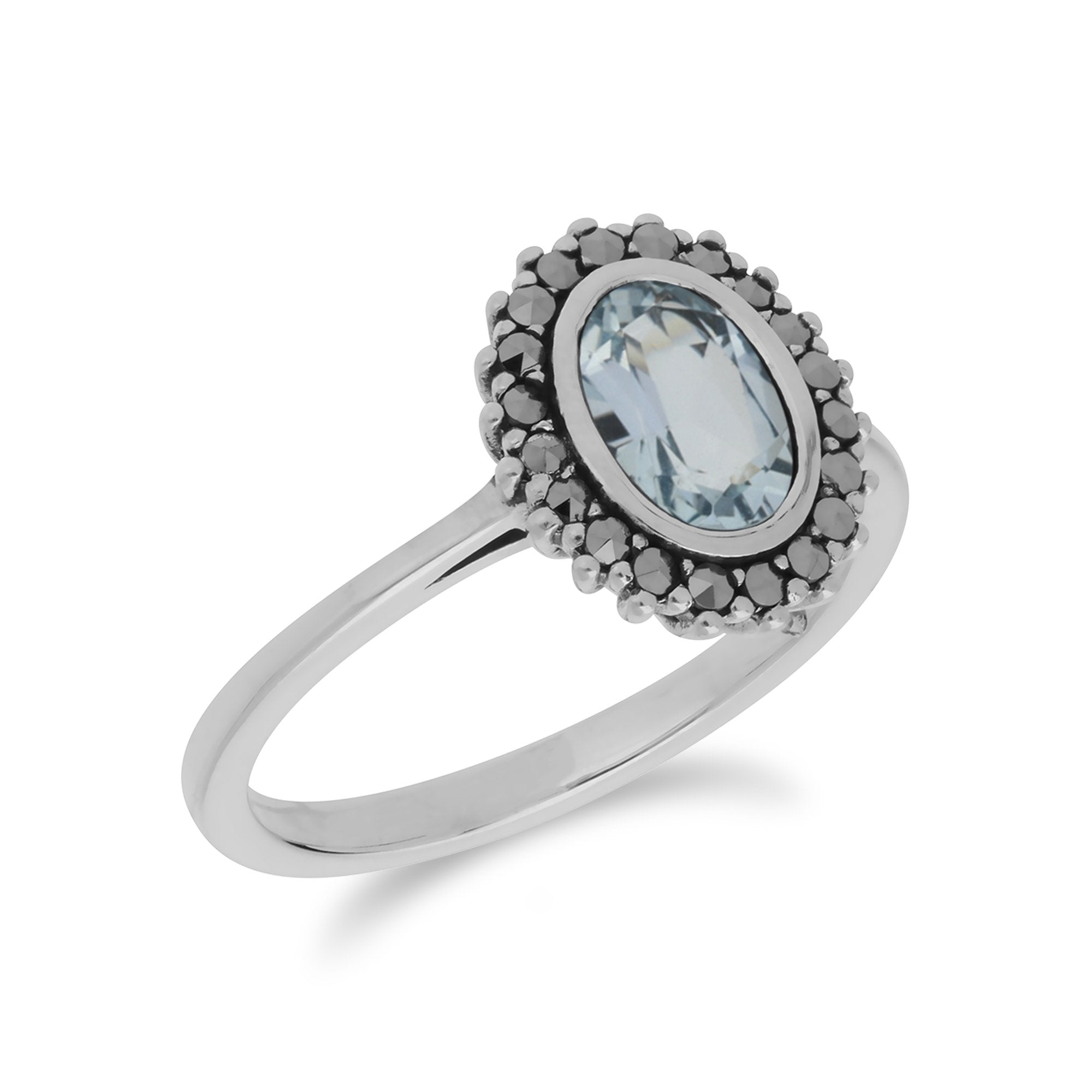 Art Deco Style Oval Blue Topaz & Marcasite Halo Ring in 925 Sterling Silver