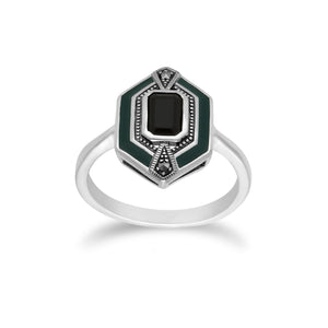 Art Deco Style Octagon Black Onyx, Marcasite & Green Enamel hexagon Ring in 925 Sterling Silver