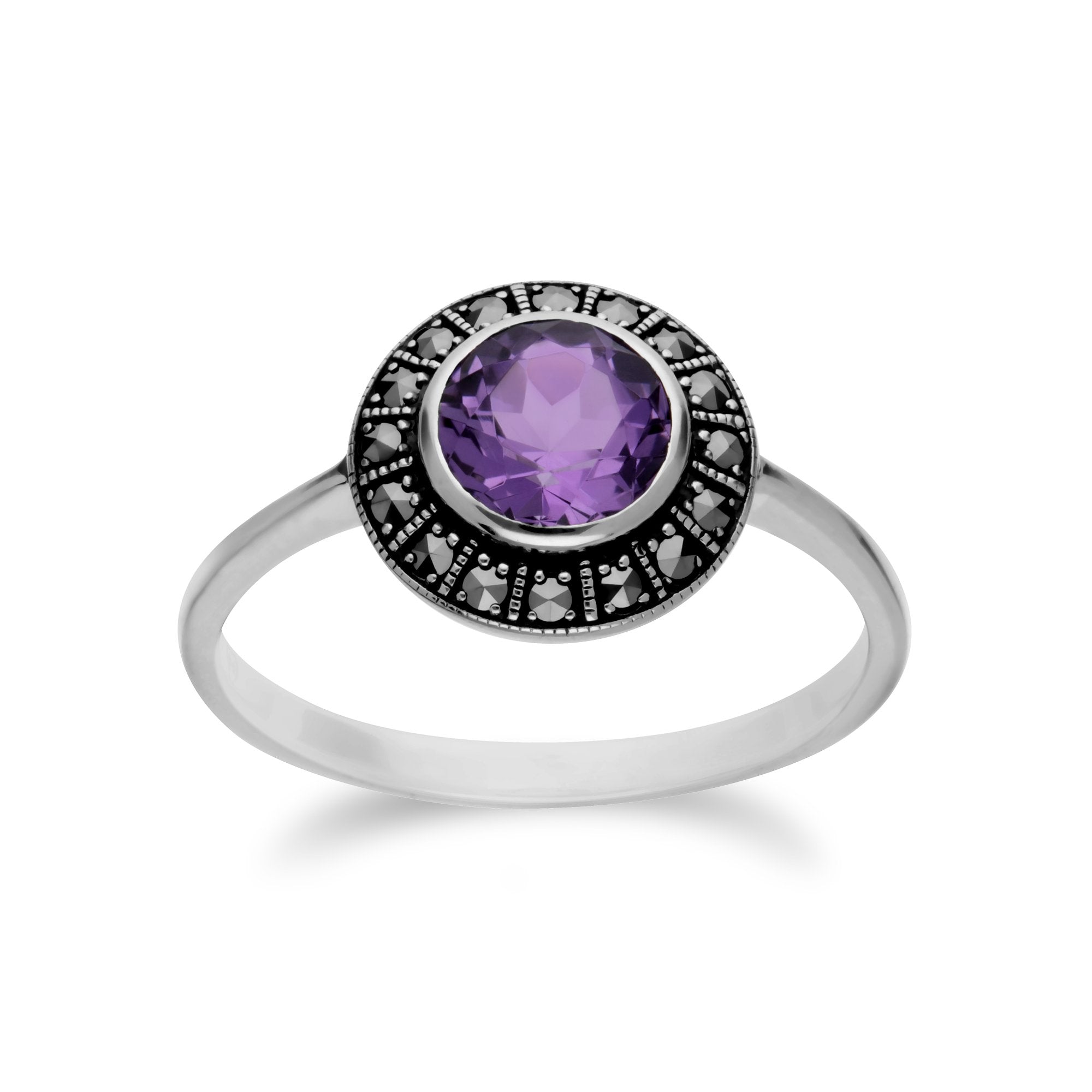 Art Deco Style Round Amethyst & Marcasite Silver Halo Ring