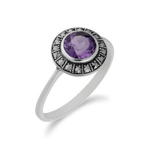 Art Deco Style Round Amethyst & Marcasite Halo Ring In Sterling Silver