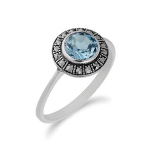 Art Deco Style Round Blue Topaz & Marcasite Silver  Halo Ring