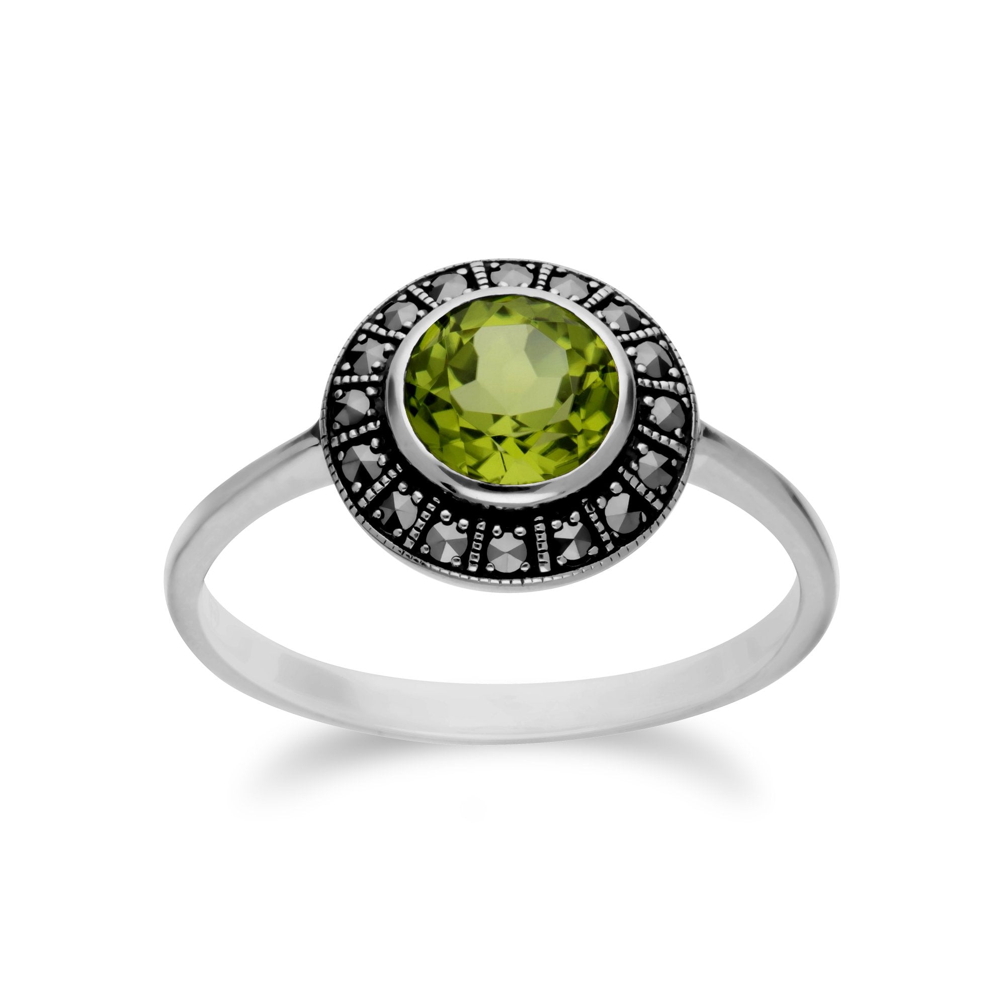 Art Deco Style Round Peridot & Marcasite Halo Ring in 925 Sterling Silver
