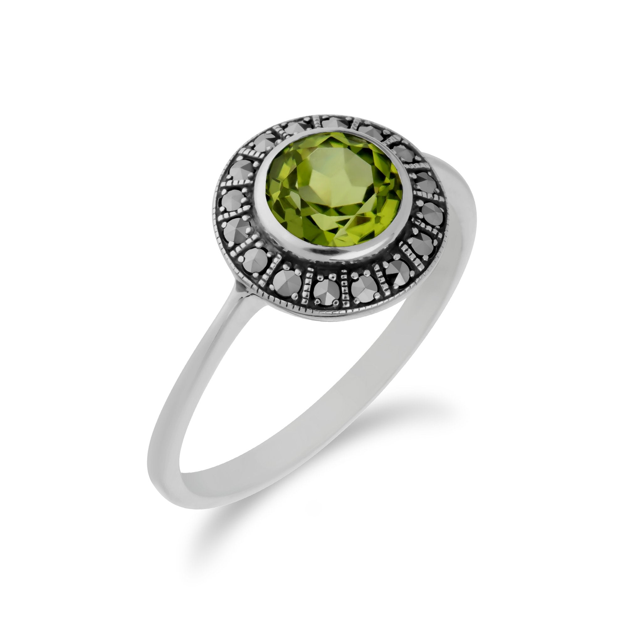 Art Deco Style Round Peridot & Marcasite Halo Ring in 925 Sterling Silver