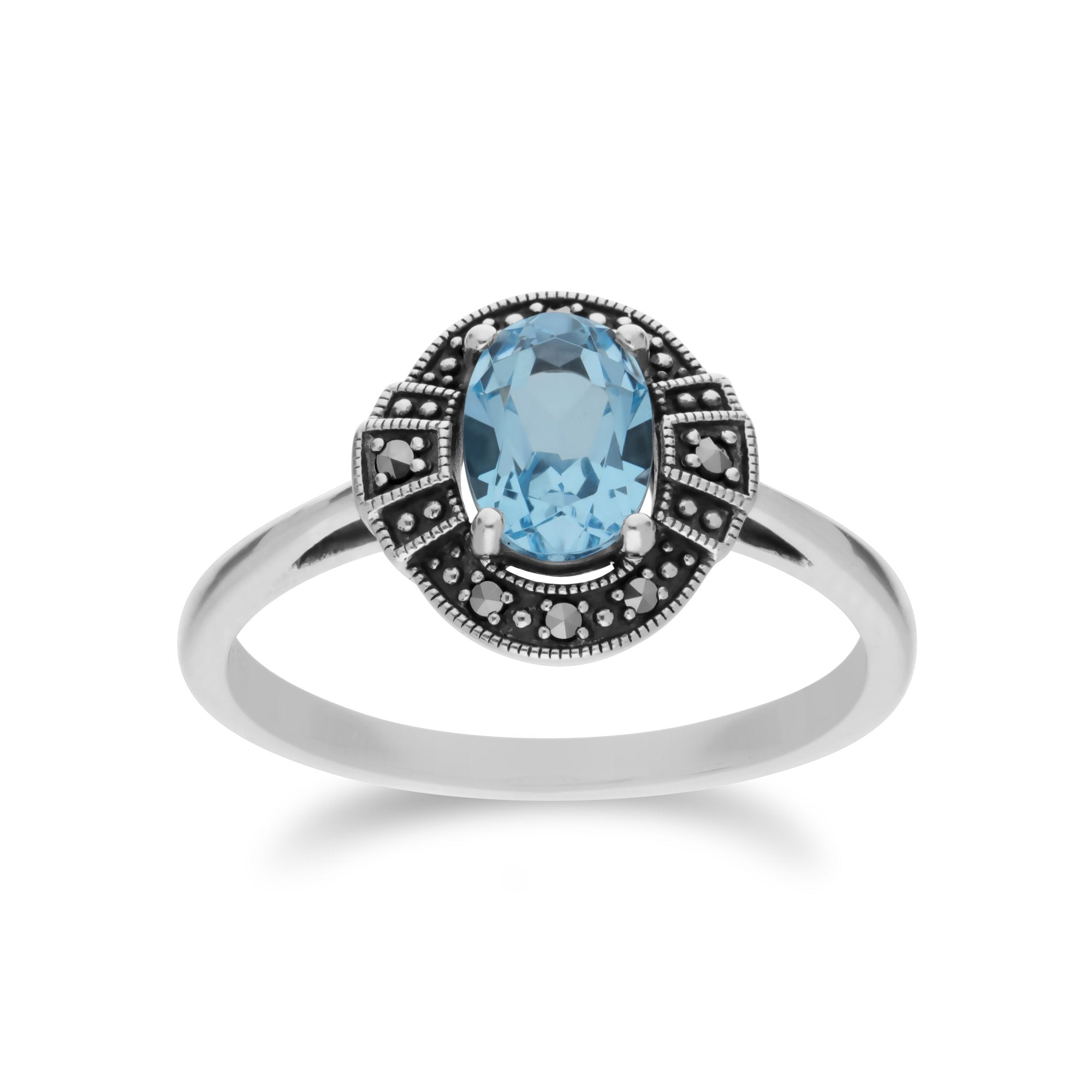Art Deco Style Oval Blue Topaz & Marcasite Silver Halo Ring