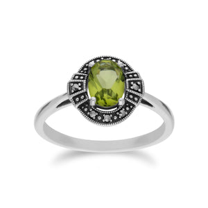 Art Deco Style Oval Peridot & Marcasite Halo Ring in 925 Sterling Silver
