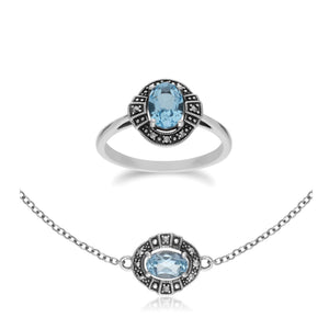 Art Deco Blue Topaz & Marcasite Cluster Ring & Bracelet Set Image 1