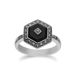 Art Deco Style Black Onyx & Marcasite Silver  Hexagon Ring