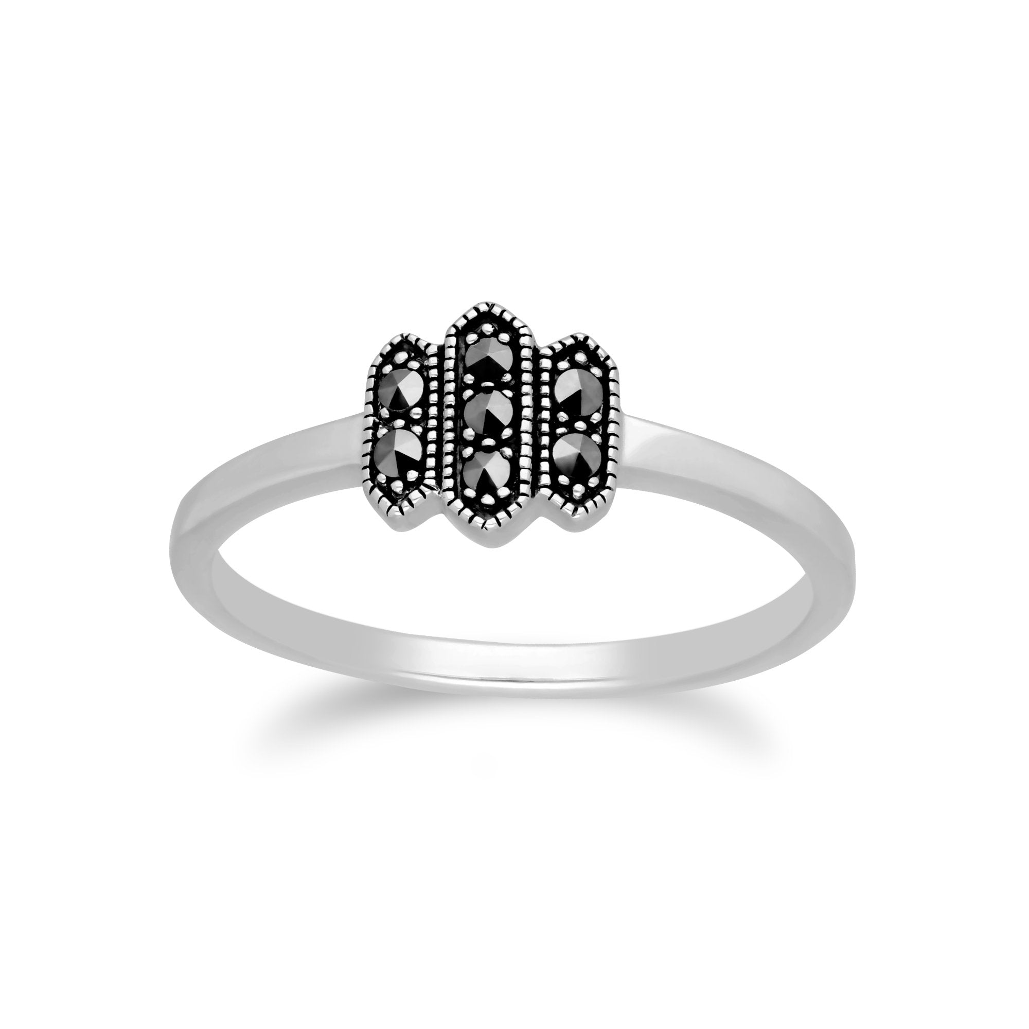Art Deco Style Round Marcasite Triple Hexagon Ring in 925 Sterling Silver