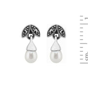 Collana e orecchini con bottone a foglia in stile Art Déco Argento 925 Perla e marcasite