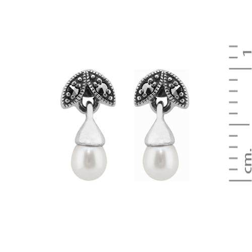 Collana e orecchini con bottone a foglia in stile Art Déco Argento 925 Perla e marcasite