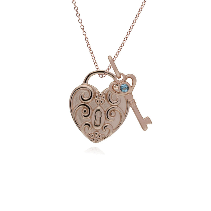 Ciondolo classico con lucchetto a cuore intrecciato in argento 925 placcato oro rosa e ciondoli chiave con topazio azzurro