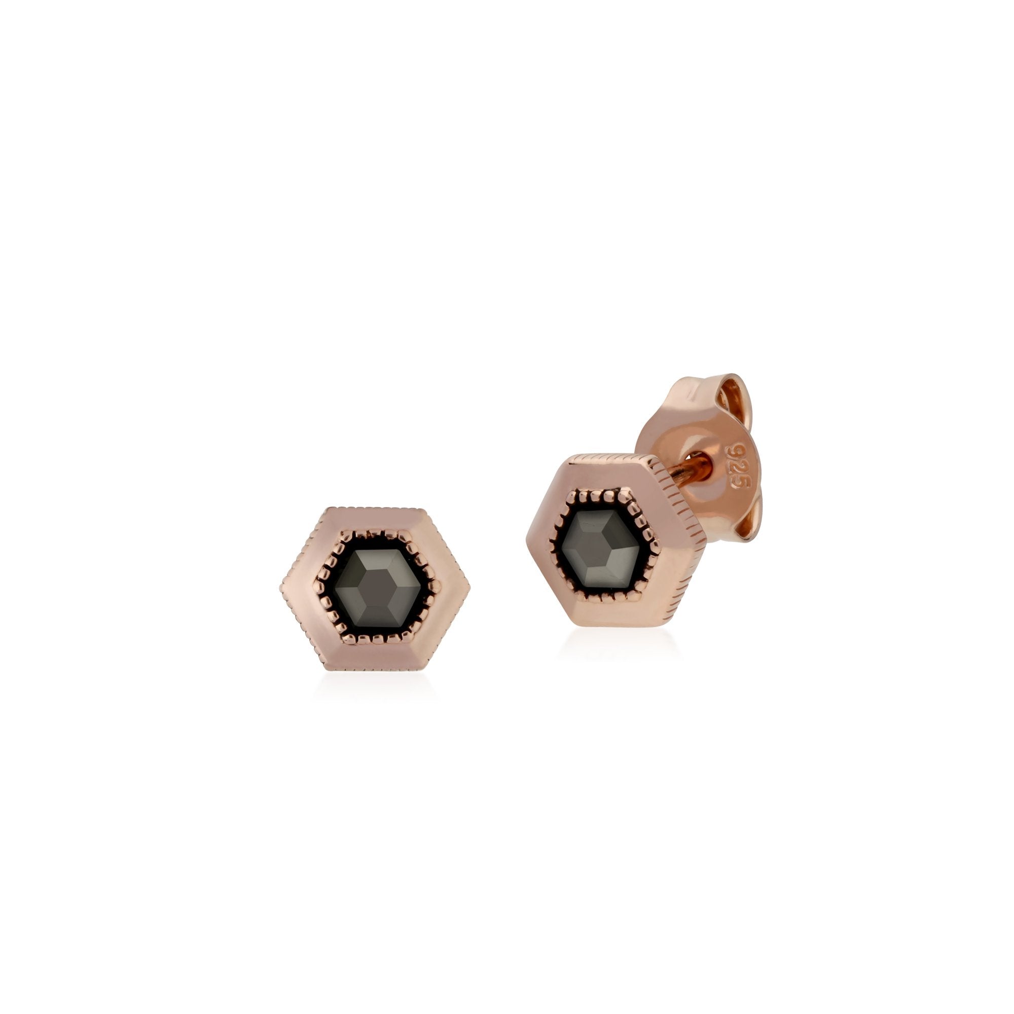 Rose Gold Plated Hexagon Marcasite Stud Earrings in 925 Sterling Silver
