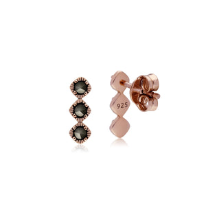Rose Gold Plated Round Marcasite Triple Stone Stud Earrings in 925 Sterling Silver