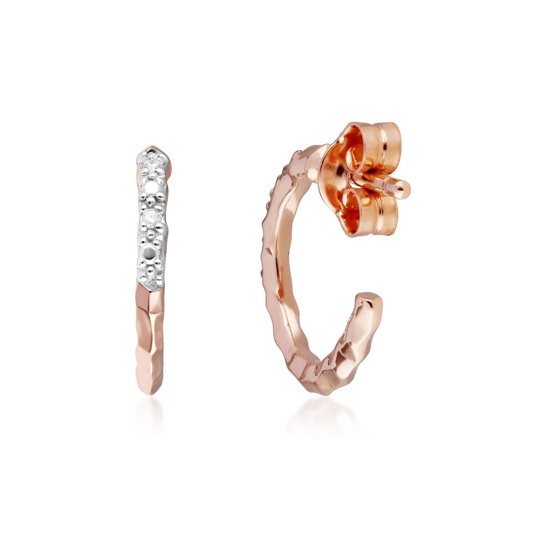 Diamond Pavé Hammered Mini Hoop Earrings in 9ct Rose Gold