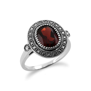 Art Deco Style Oval Garnet & Marcasite Statement Cocktail Ring in 925 Sterling Silver