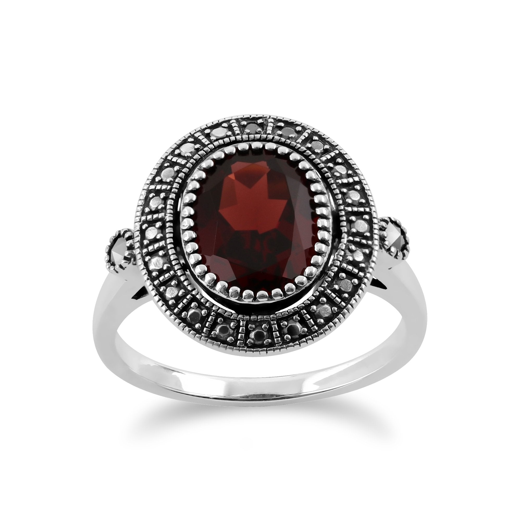 Art Deco Style Oval Garnet & Marcasite Statement Cocktail Ring in 925 Sterling Silver