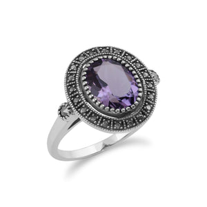 Art Deco Style Oval Amethyst & Marcasite Statement Cocktail Ring in 925 Sterling Silver