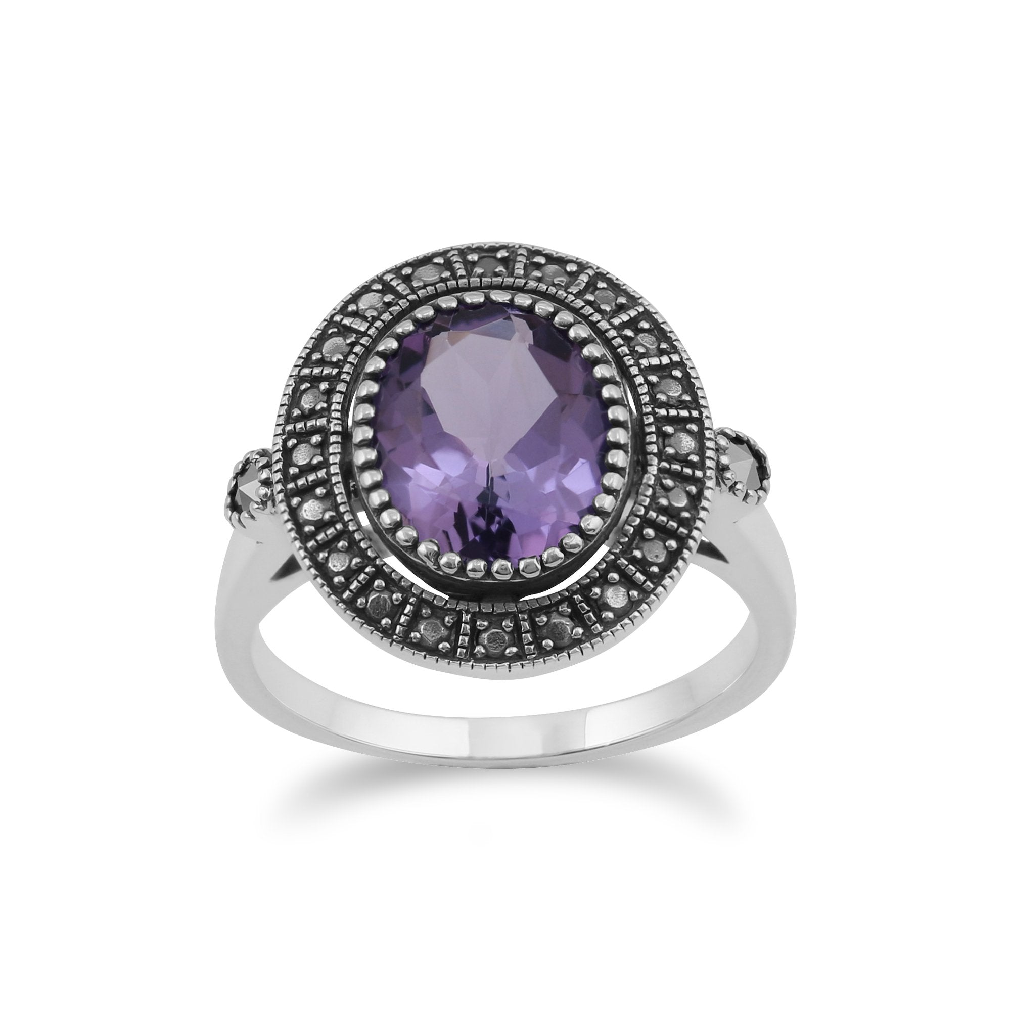 Art Deco Style Oval Amethyst & Marcasite Statement Cocktail Ring in 925 Sterling Silver