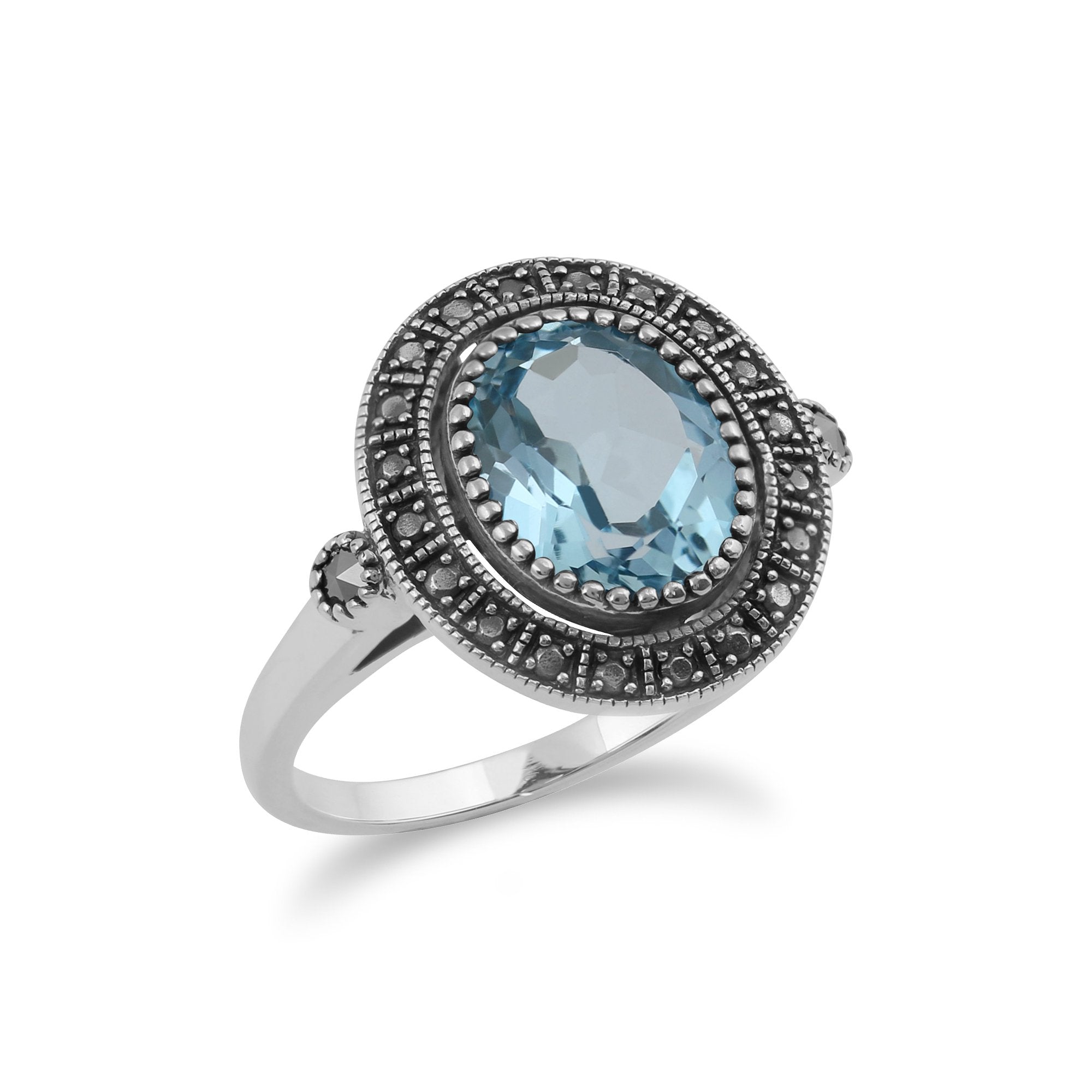 Art Deco Style Oval Blue Topaz & Marcasite Statement Cocktail Ring In Sterling Silver