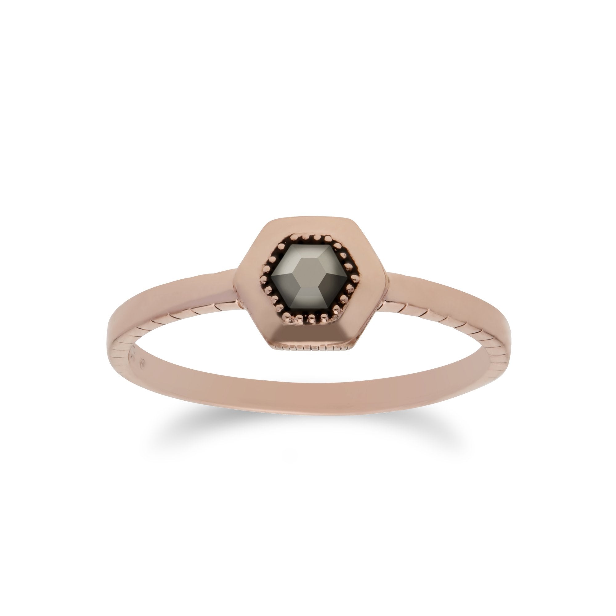 Rose Gold Plated Marcasite Hexagon Design Ring in 925 Sterling Silver