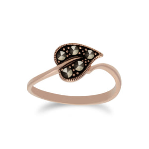 Rose Gold Plated Silver Round Marcasite Leaf Design Ring