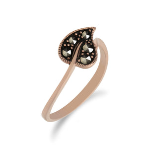 Rose Gold Plated Silver Round Marcasite Leaf Design Ring