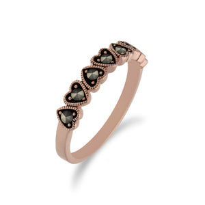 Rose Gold Plated Round Marcasite Heart Half Eternity Ring in 925 Sterling Silver