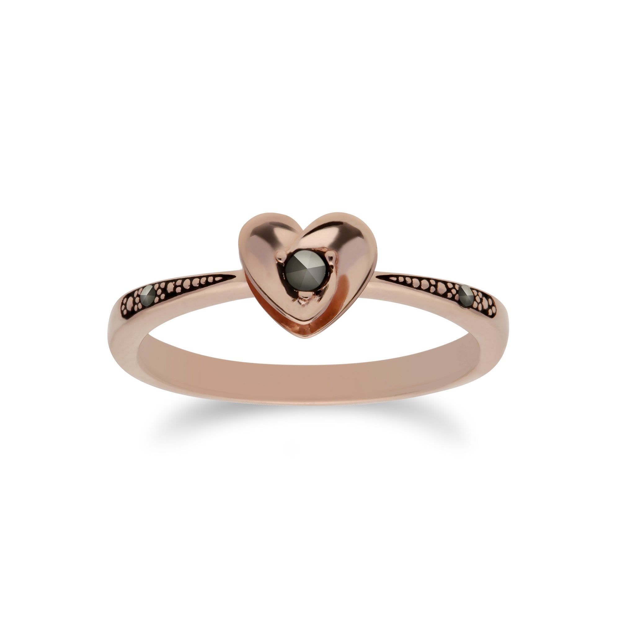 Rose Gold Plated Round Marcasite Heart Design Ring in 925 Sterling Silver