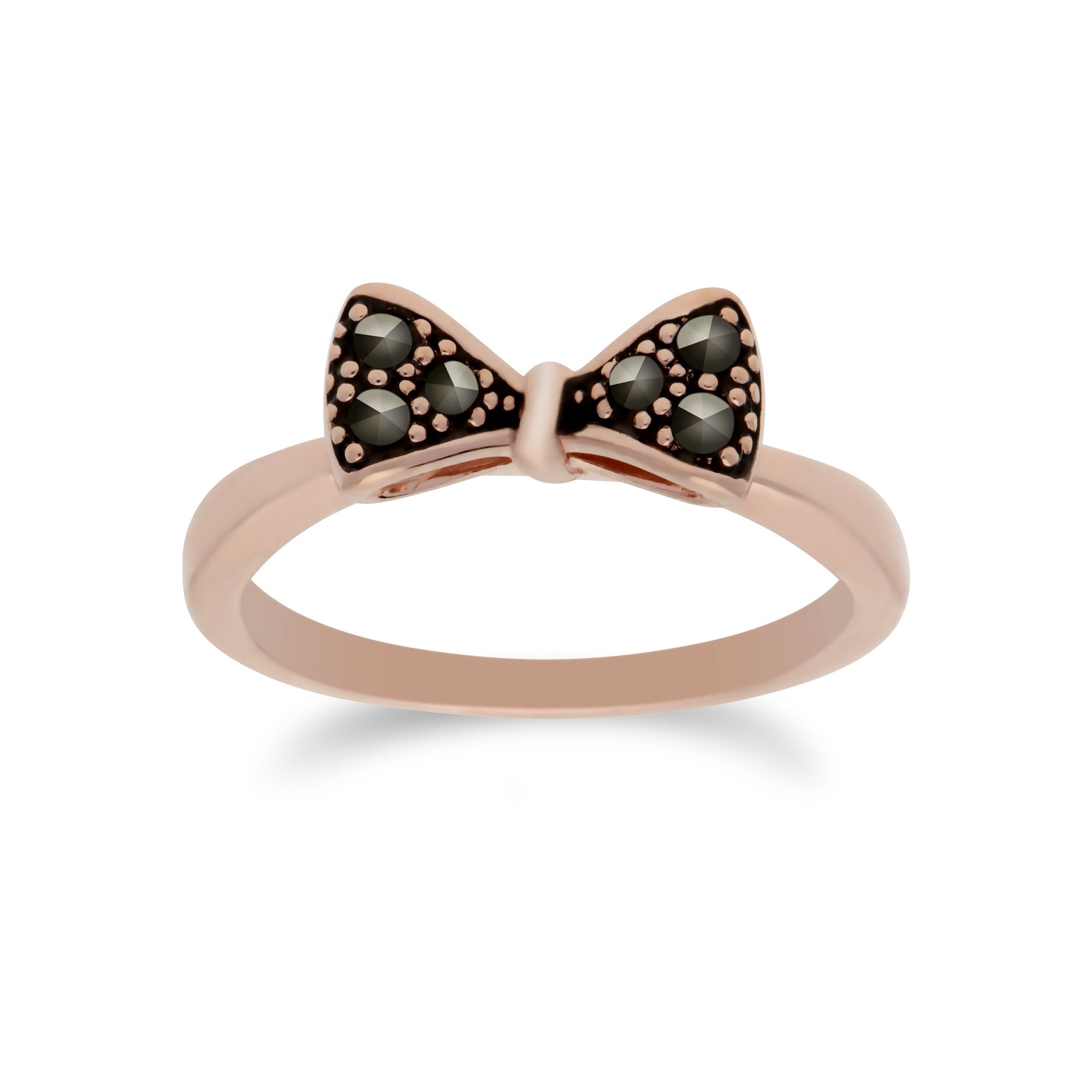 Rose Gold Plated Round Marcasite Bow Design Ring in 925 Sterling Silver