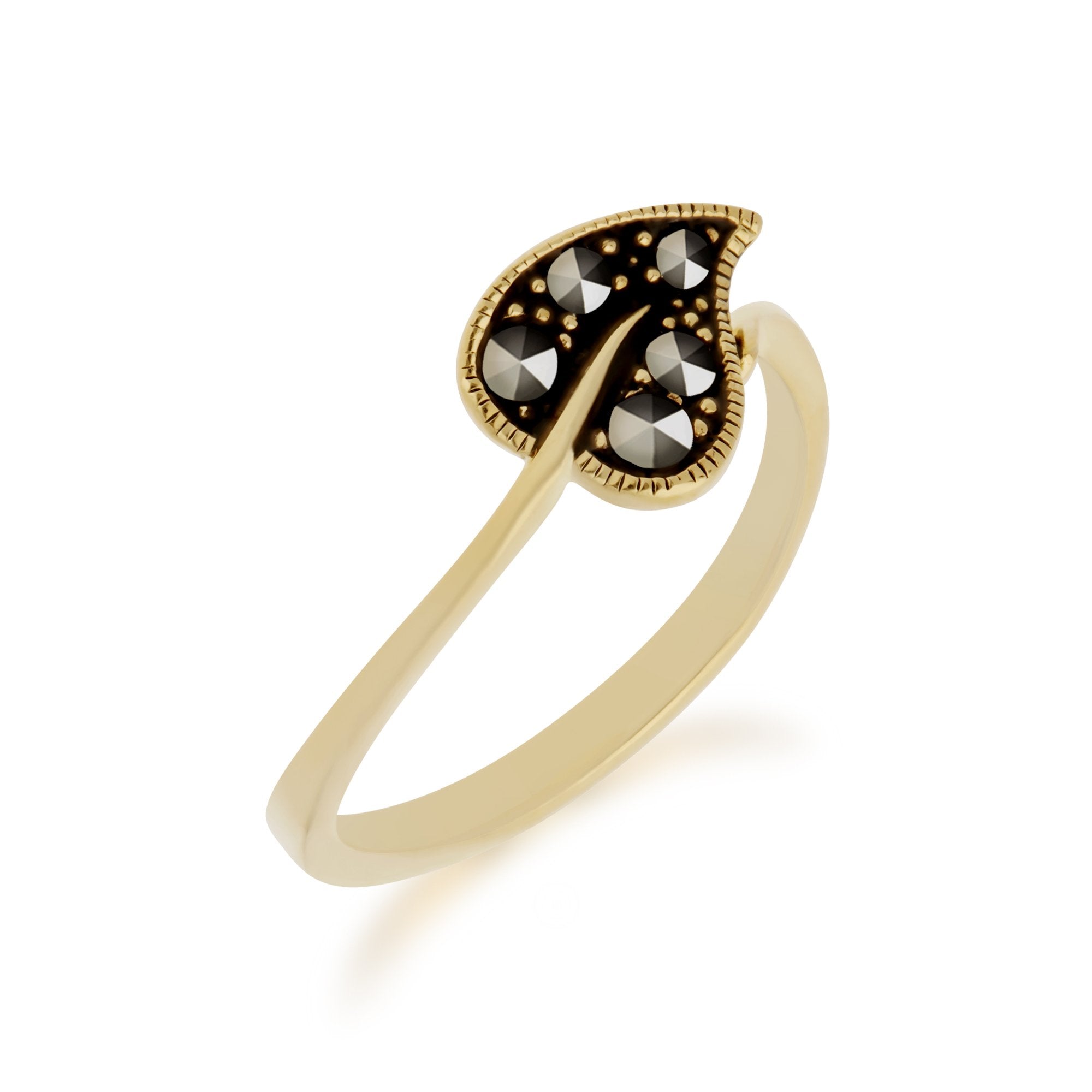 Classic Round Marcasite Leaf Design Yellow Gold Plated Silver  Ring