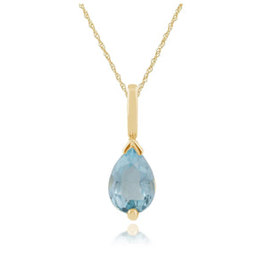 Classic Pear Blue Topaz Claw Set Single Stone Pendant in 9ct Yellow Gold