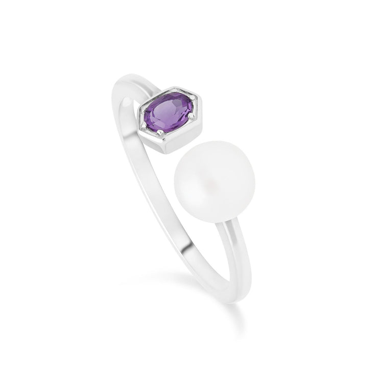 Anello con perla moderna e orecchini pendenti In argento 925 con perla e ametista