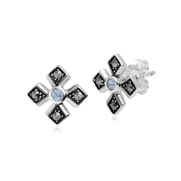 Orecchini a bottone con croce gotica in stile Art Déco in argento 925 con acquamarina e marcasite