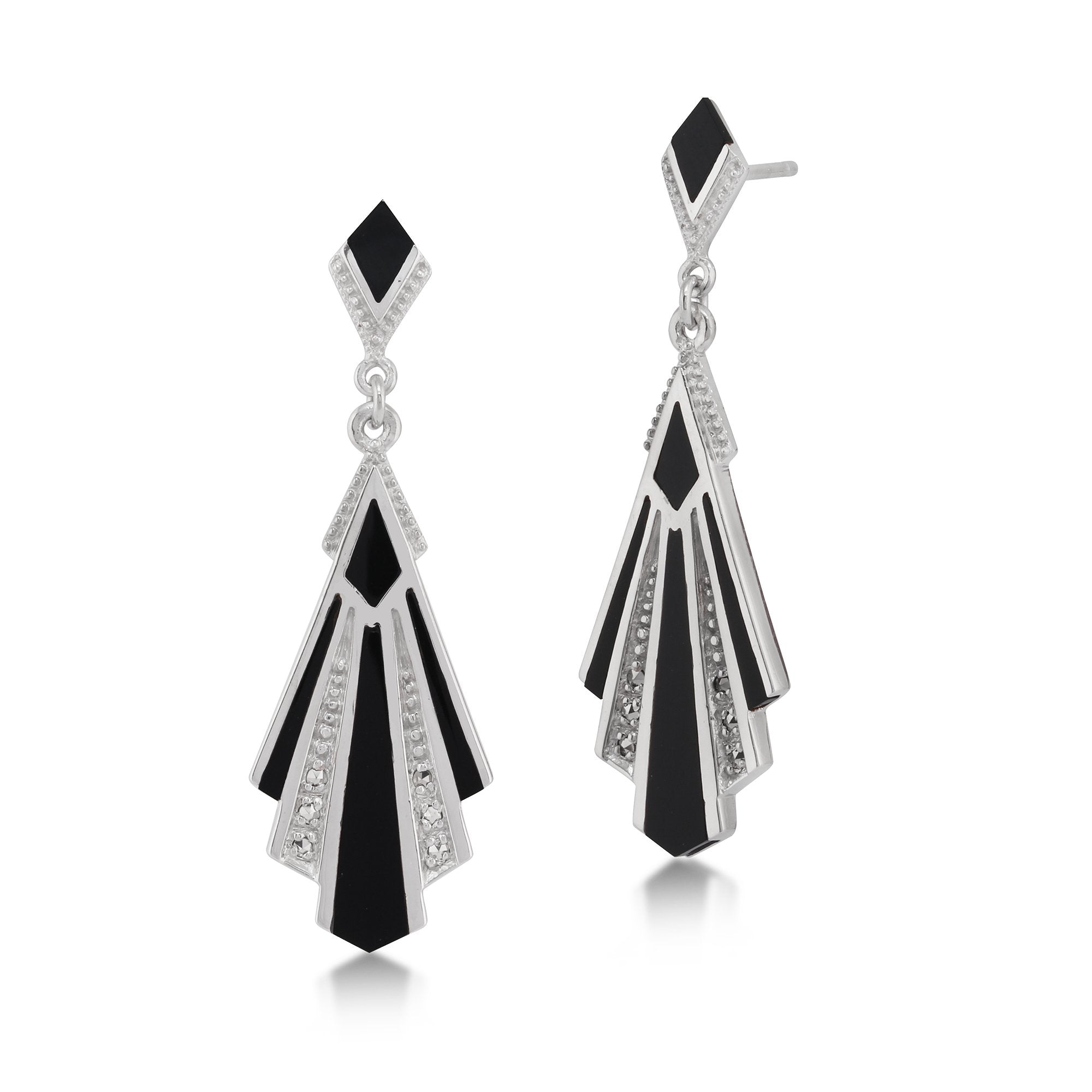 Art Deco Style Cabochon Black Onyx & Marcasite Drop Earrings