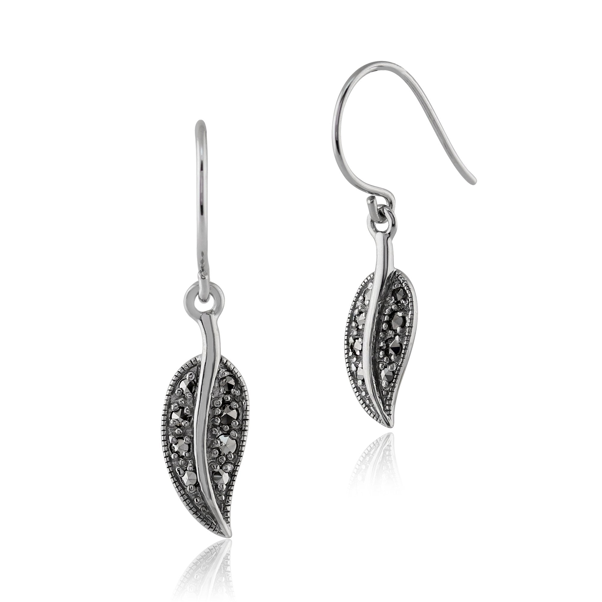 Art Nouveau Style Round Marcasite Leaf Drop Earrings in 925 Sterling Silver