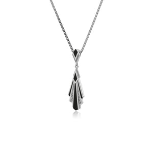 Art Deco Style Triangle Black Onyx & Marcasite Fan Pendant in 925 Sterling Silver