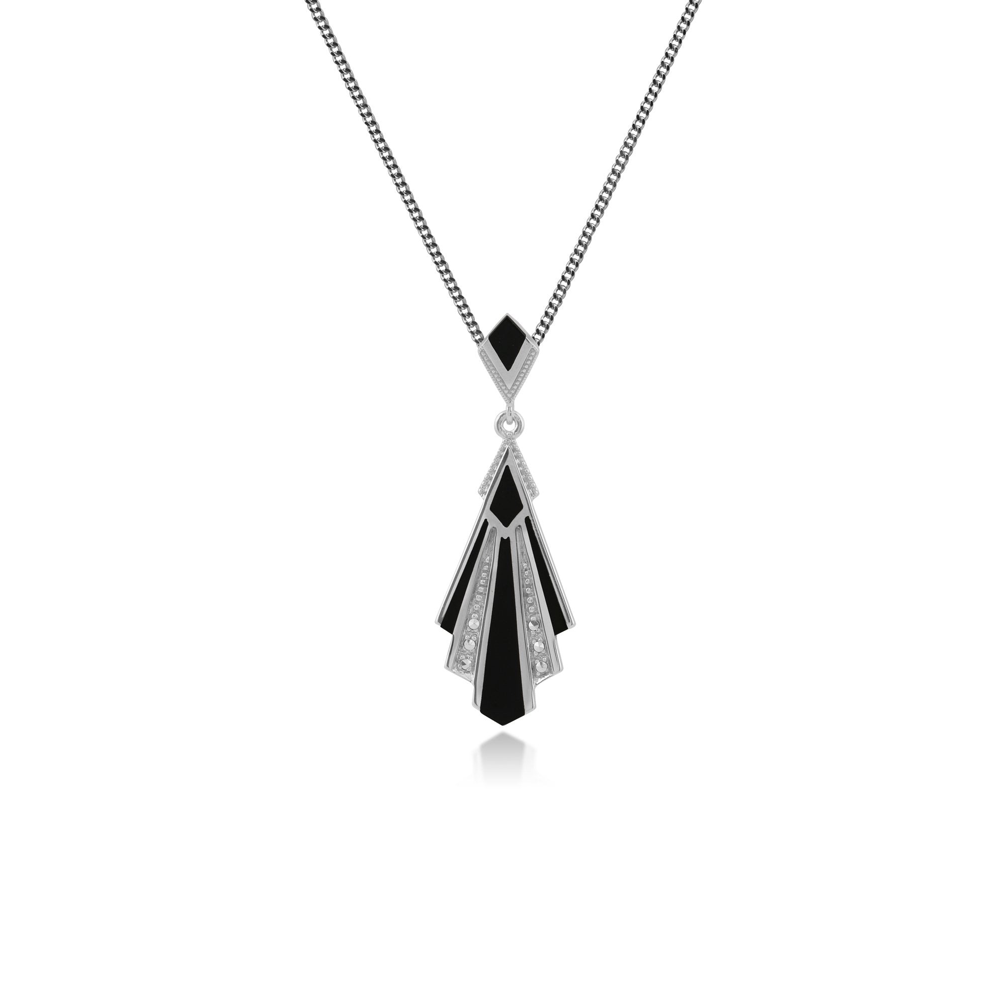 Art Deco Style Triangle Black Onyx & Marcasite Fan Pendant in 925 Sterling Silver