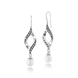 Art Nouveau Style Pear Freshwater Pearl & Marcasite Twist Drop Earrings in 925 Sterling Silver