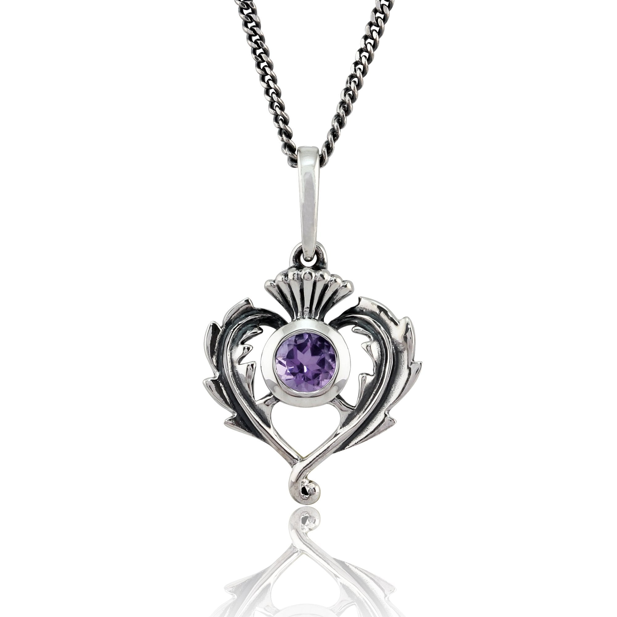 Art Nouveau Style Round Amethyst & Marcasite Thistle Pendant in 925 Sterling Silver