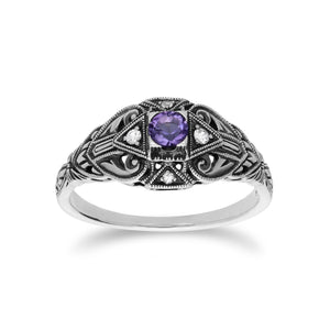 Art Deco Style Round Amethyst & White Topaz  Ring in 925 Sterling Silver