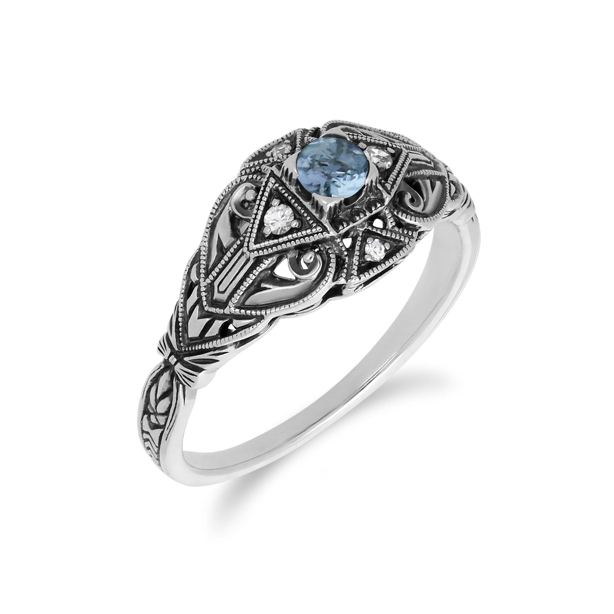 Art Deco Style Round Blue Topaz & White Topaz  Ring in 925 Sterling Silver
